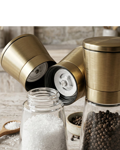 Roomyl Brass Cap Glass Pepper Salt Grinders 7 in Pair