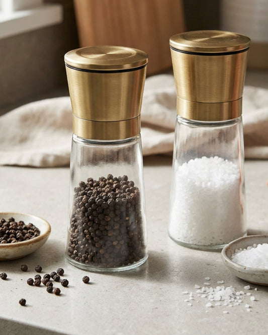 Roomyl Brass Cap Glass Pepper Salt Grinders 7 in Pair