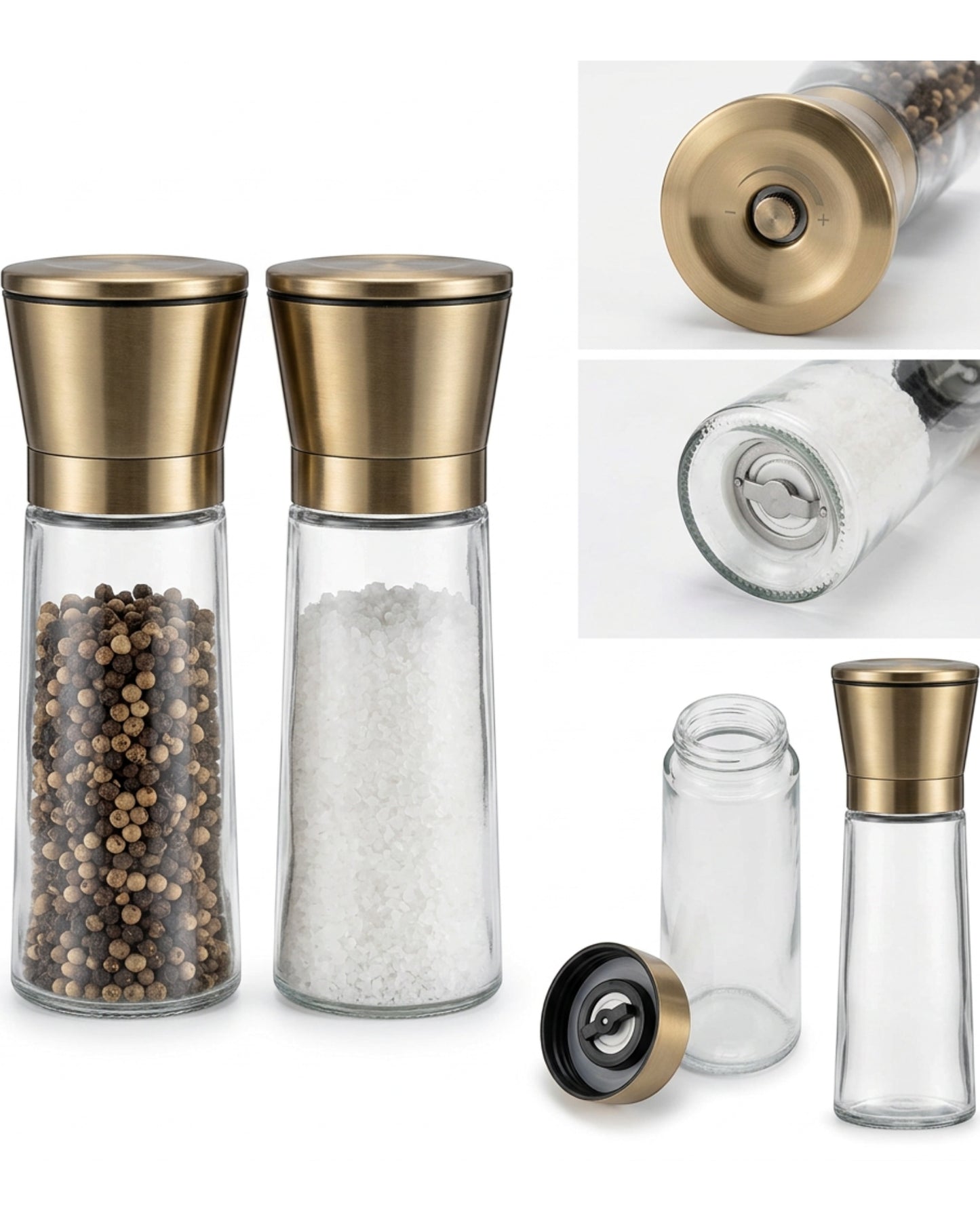 Roomyl Brass Cap Glass Pepper Salt Grinders 7 in Pair